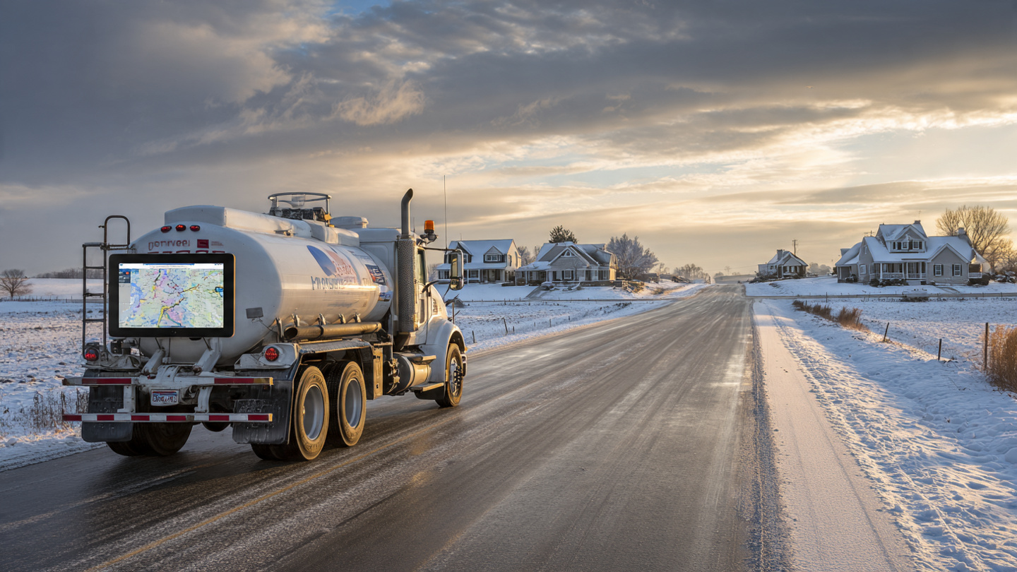 Propane delivery bobtail truck on snowy rural road