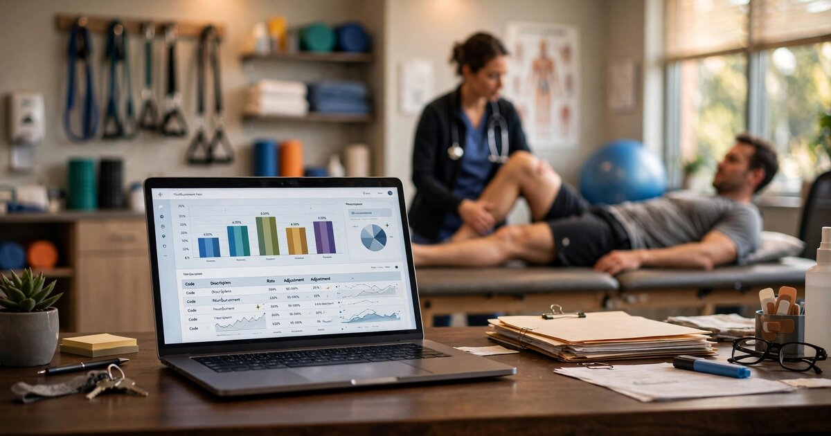 Physical therapy clinic front desk with payer rate dashboard on laptop screen and therapist working with patient in background