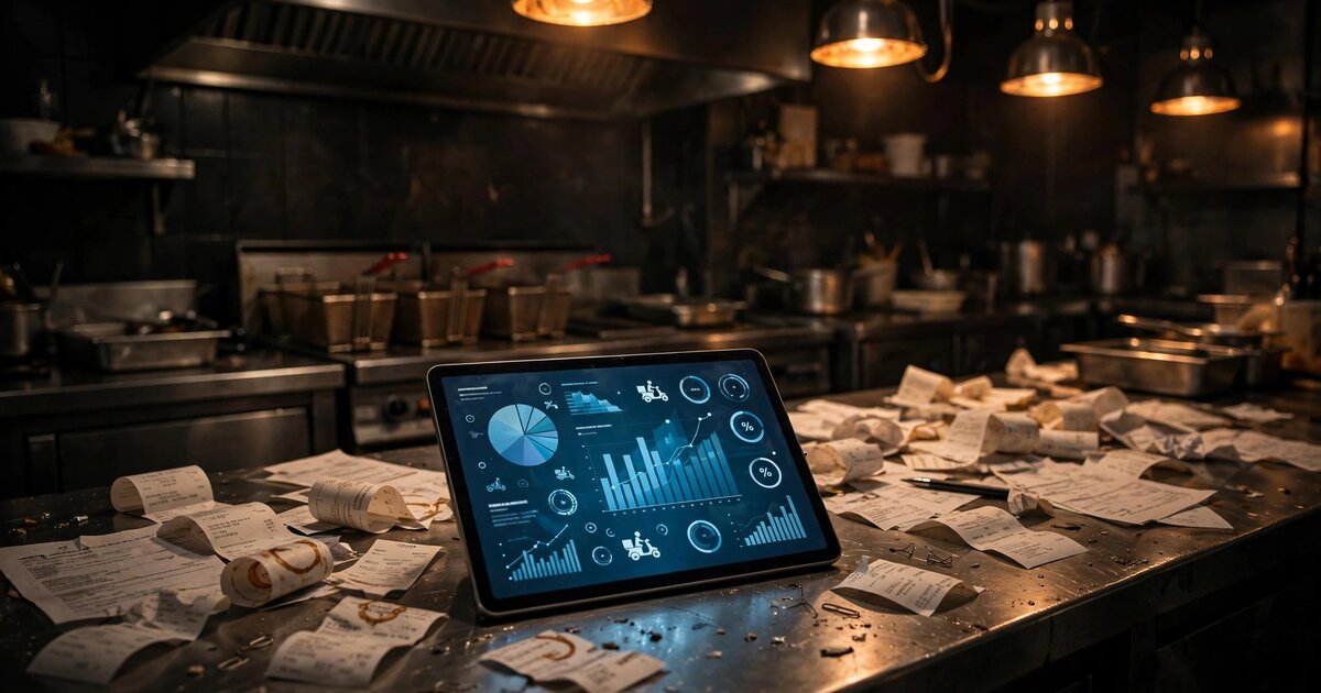 Restaurant kitchen with tablet showing delivery commission data