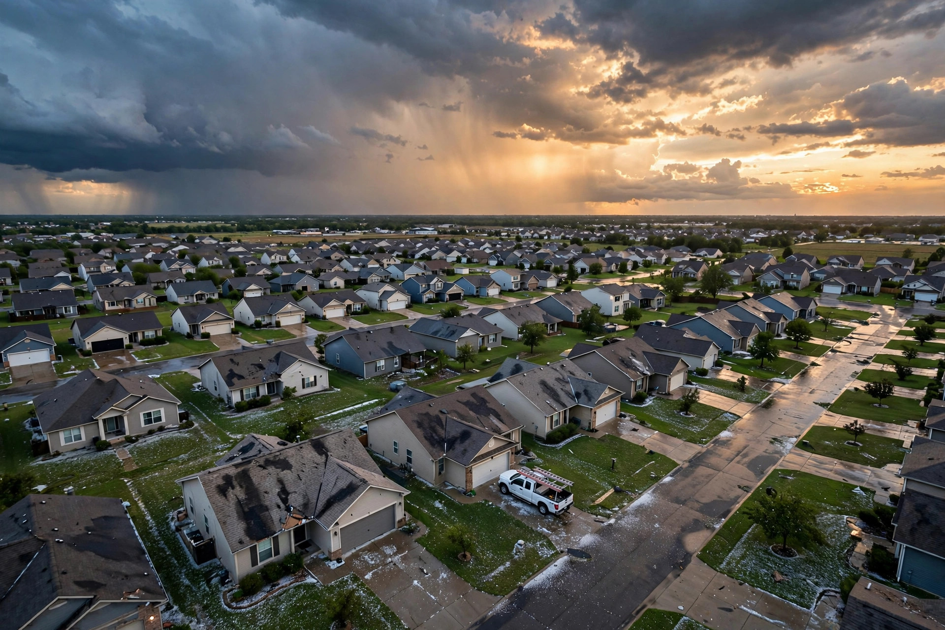 Aerial view of a suburban neighborhood at dusk after a hailstorm, hail-damaged shingle roofs, a white roofing contractor pickup truck with ladders in a driveway