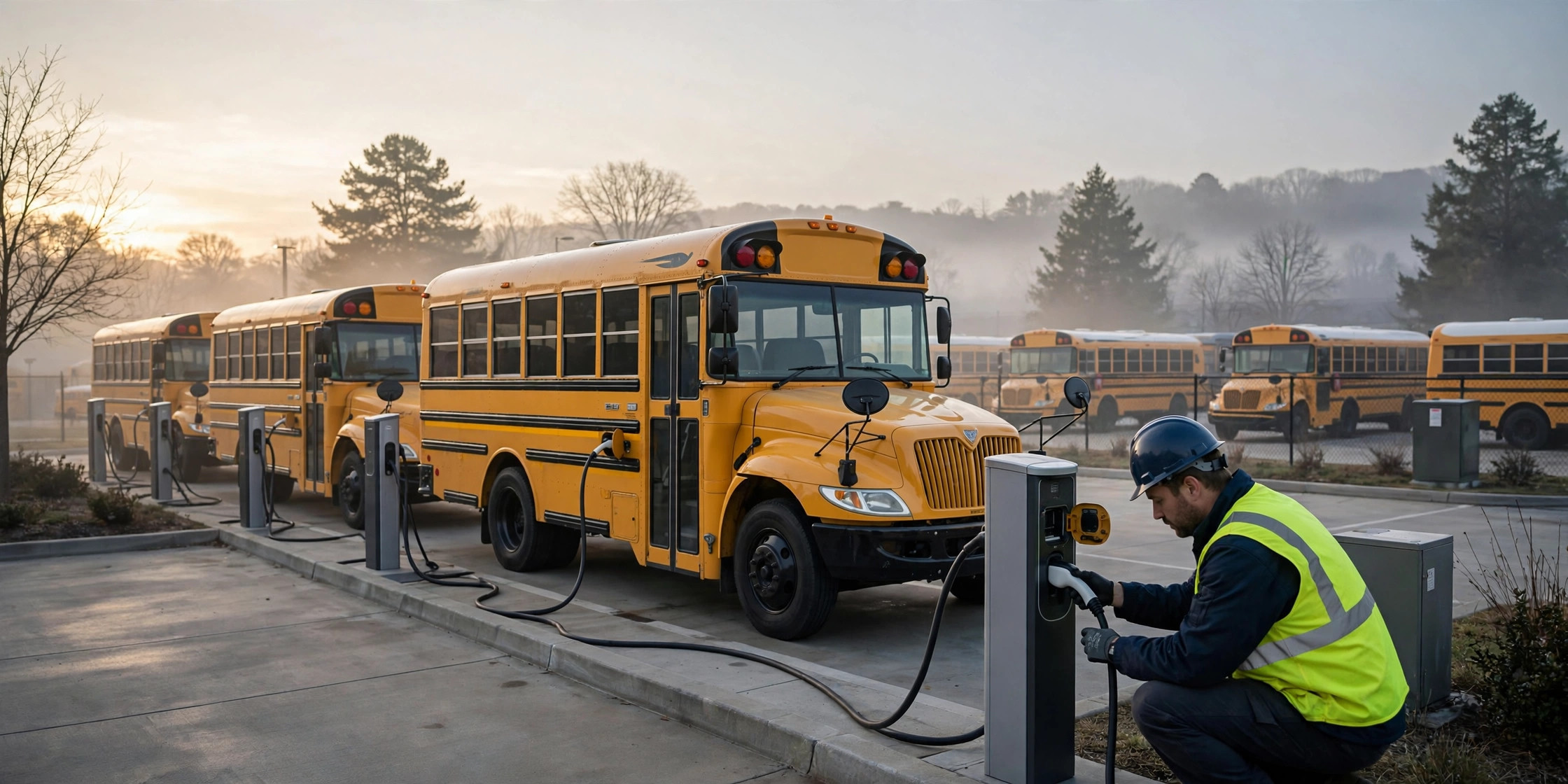 Yellow electric school buses parked at a depot at dawn, charging cables connected, a technician in a hard hat connecting a curbside DC fast charger