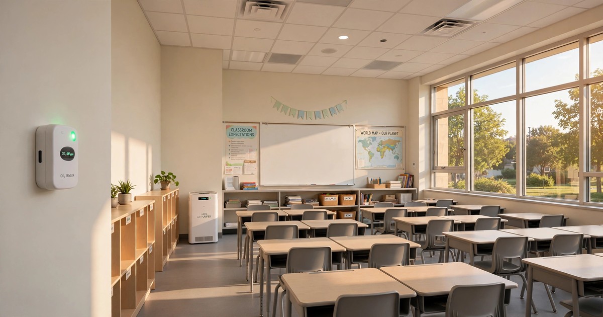 School classroom with CO2 sensor and HVAC vents