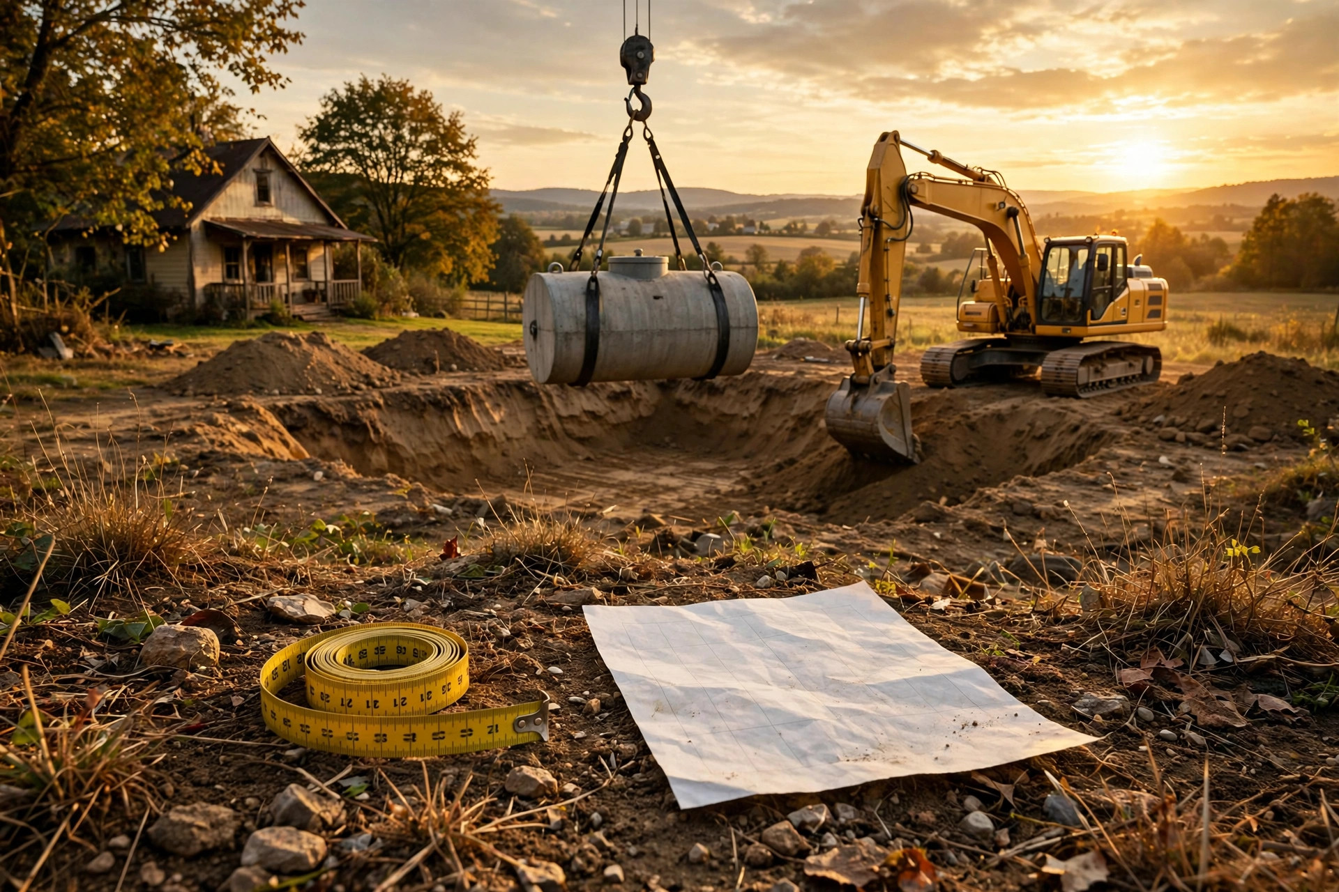 An excavator digging beside a rural home at golden hour while a concrete septic tank hangs from crane straps above an open pit, a soil percolation test report and measuring tape in the foreground