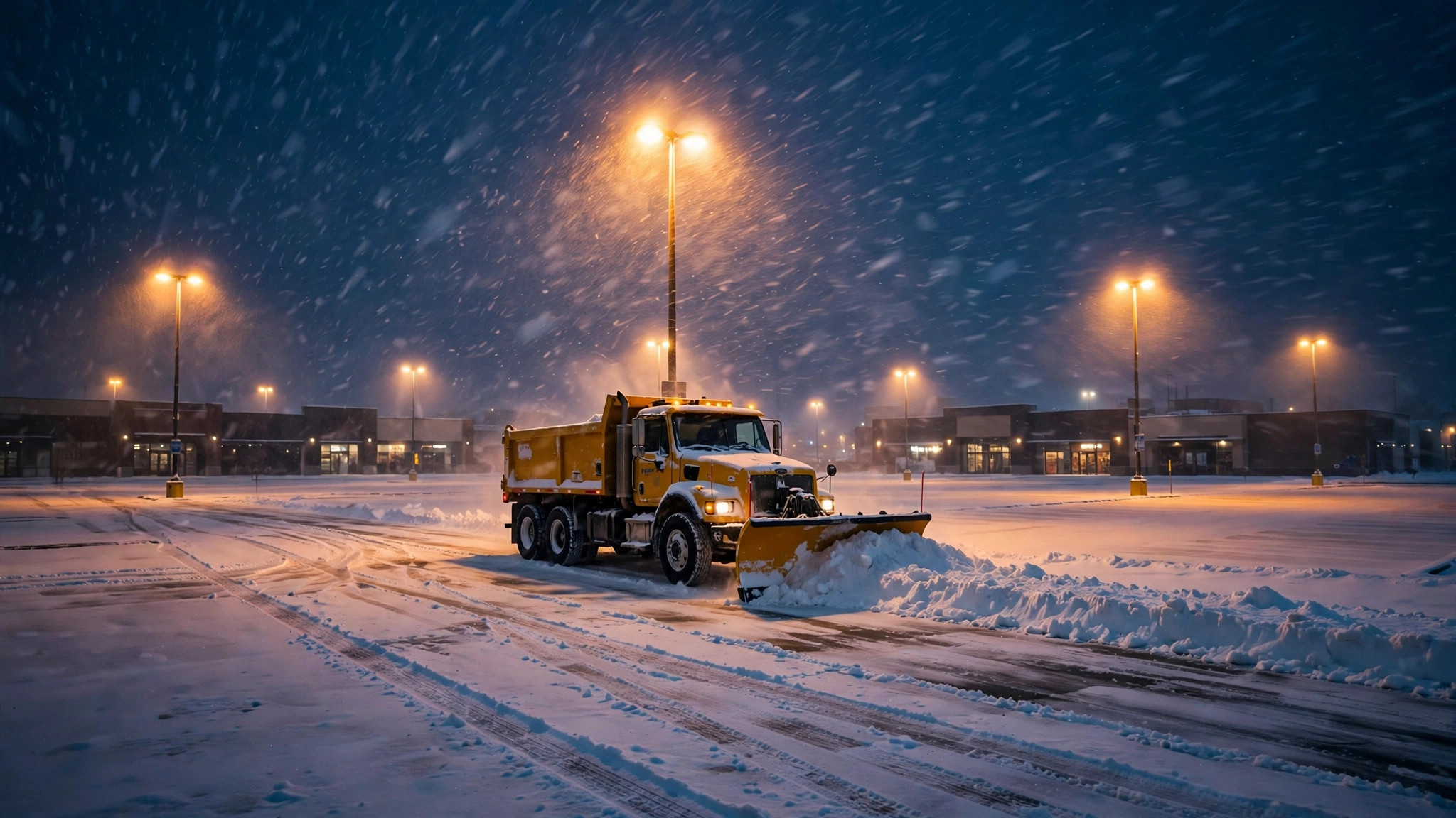 A snowplow truck clearing a large commercial shopping-center parking lot at night during heavy snowfall, amber lot lights glowing through the flakes