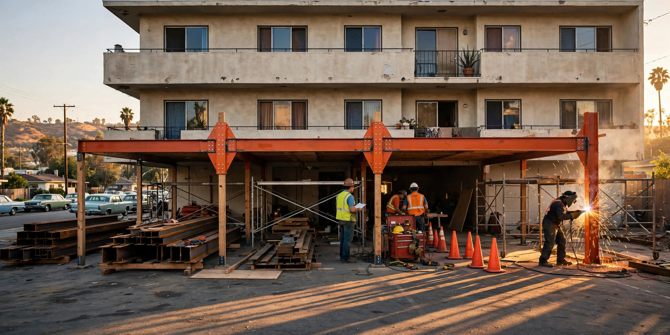 1960s Los Angeles dingbat apartment building with orange steel moment frames being installed in the open ground-floor carport by a retrofit crew at golden hour, welder throwing sparks