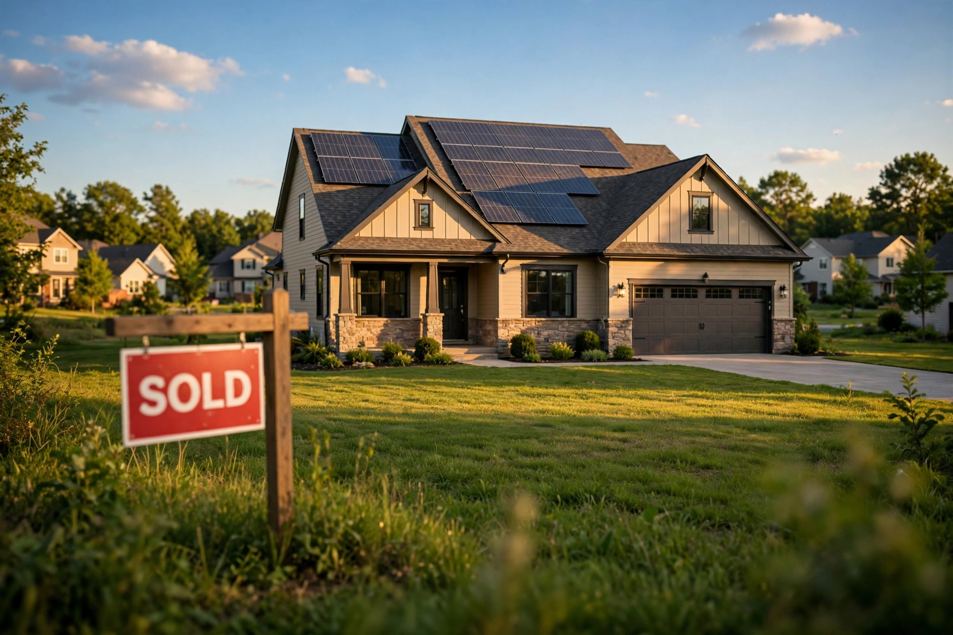 Suburban home with rooftop solar panels at golden hour, a red SOLD real estate sign in the front yard