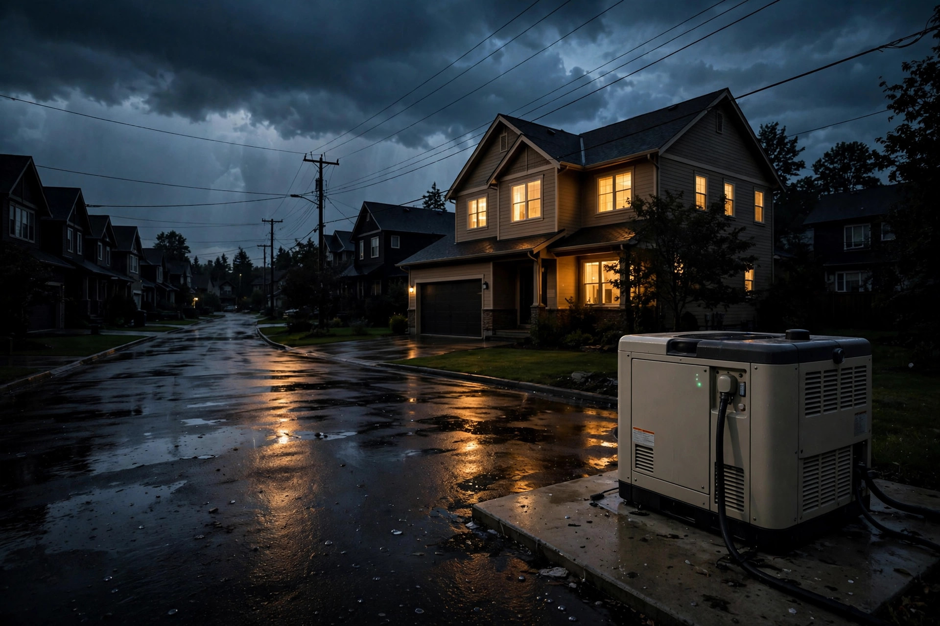 A home standby generator humming beside a suburban house at dusk during a blackout, warm light glowing from the windows while the rest of the street sits dark, power lines silhouetted against a stormy sky