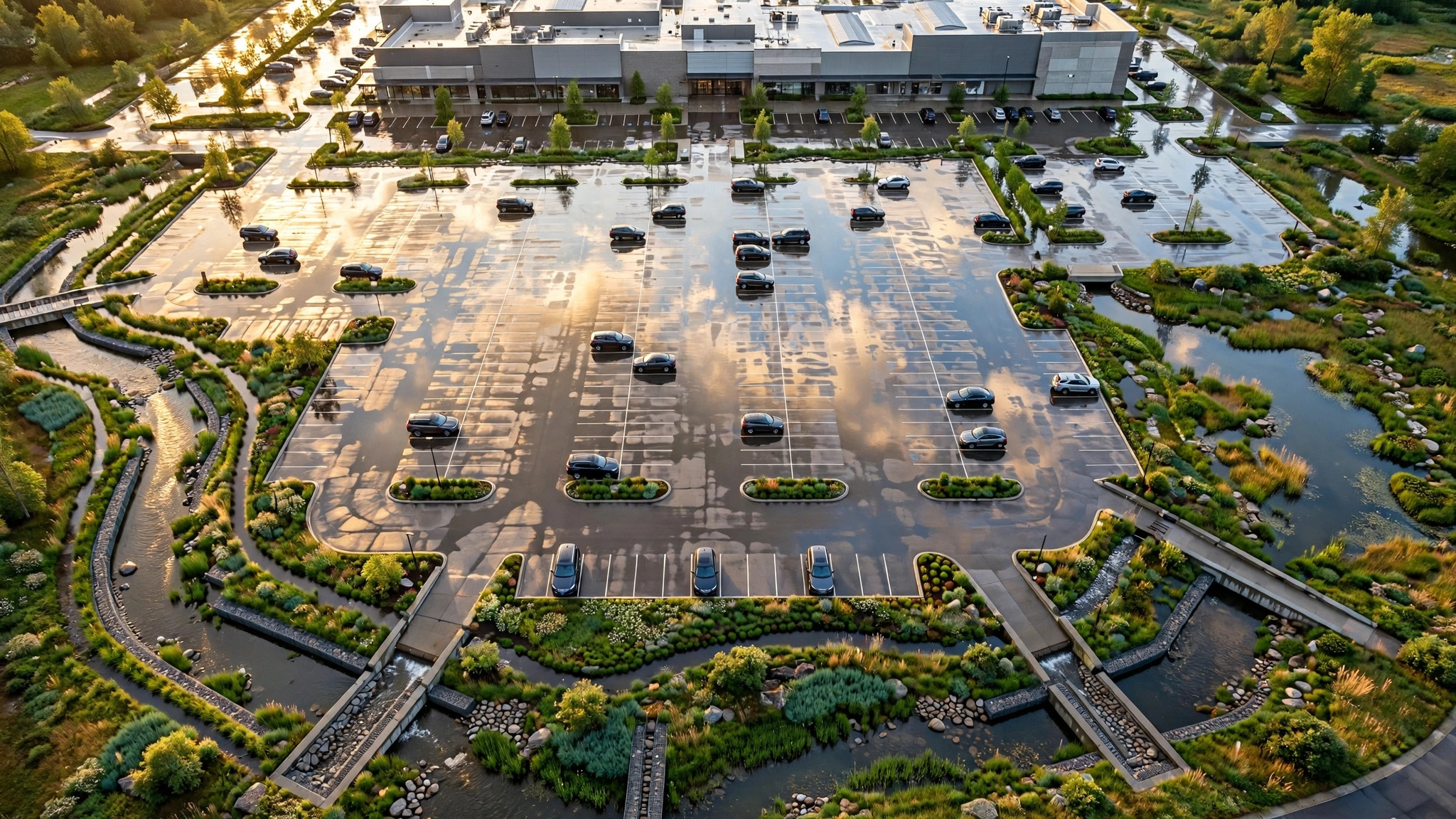 Aerial view of a commercial parking lot after rain with green bioswales and rain gardens at golden hour