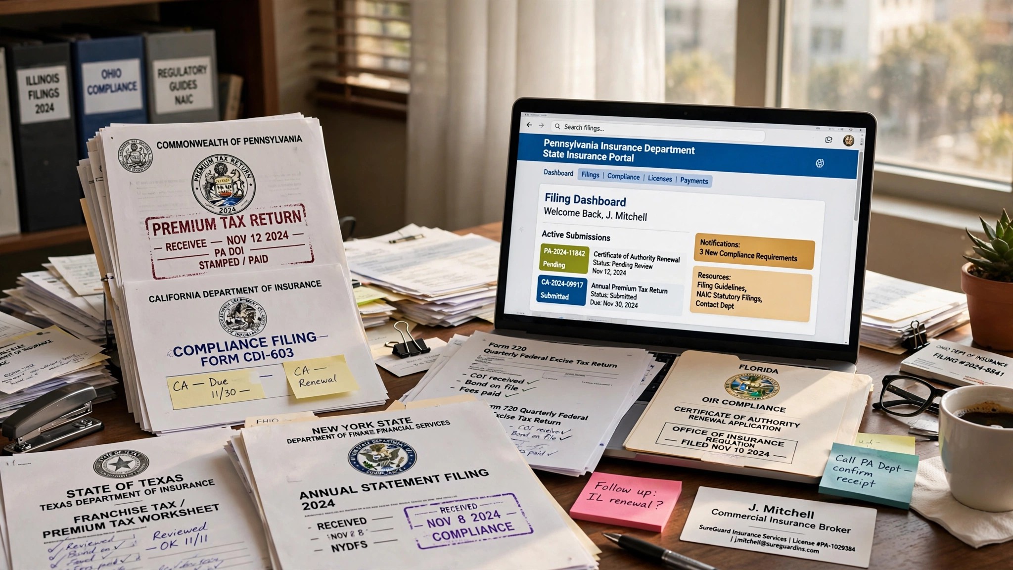 Insurance broker desk with multi-state surplus lines compliance paperwork