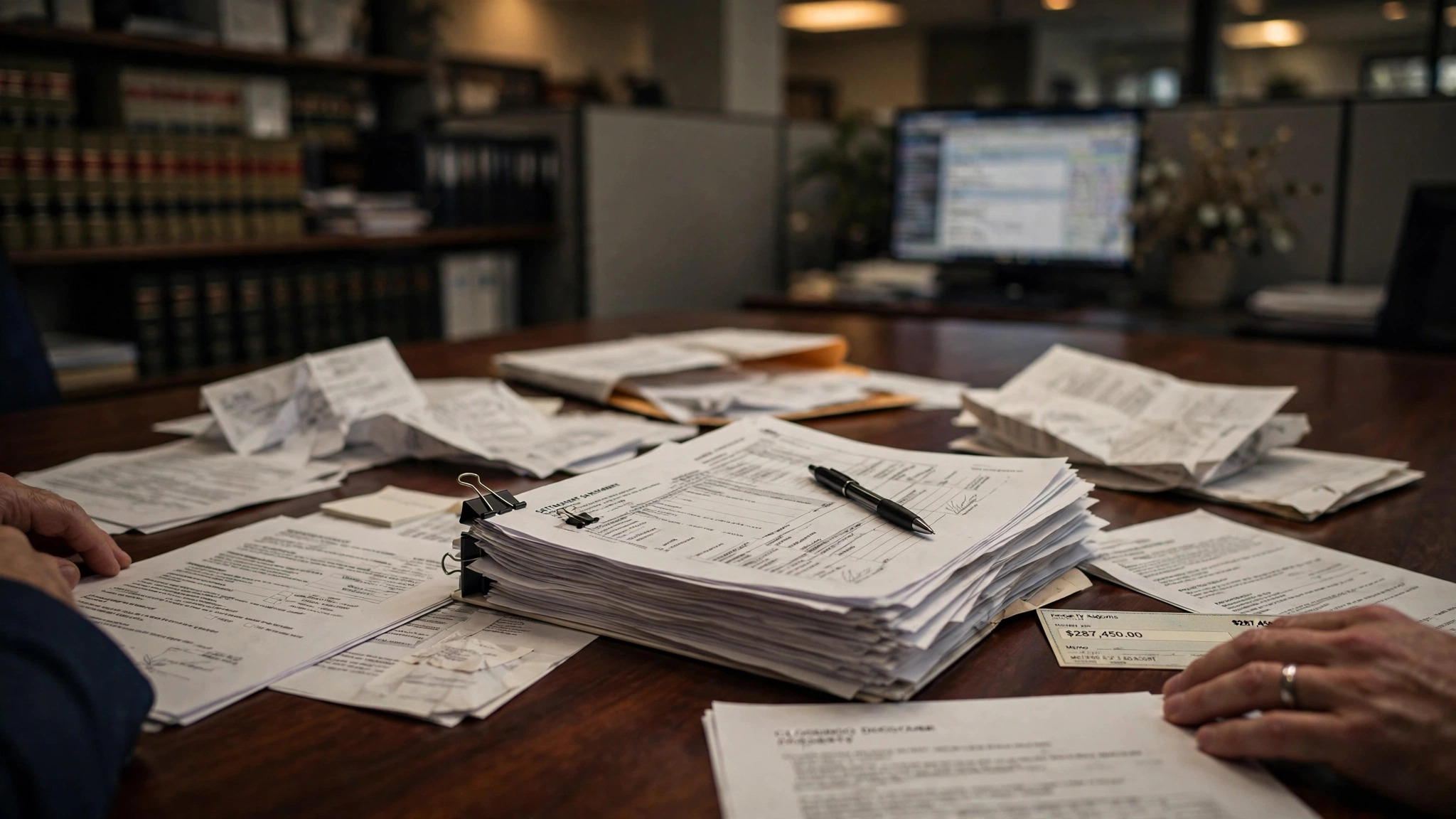 Real estate closing table with settlement documents under warm overhead lighting