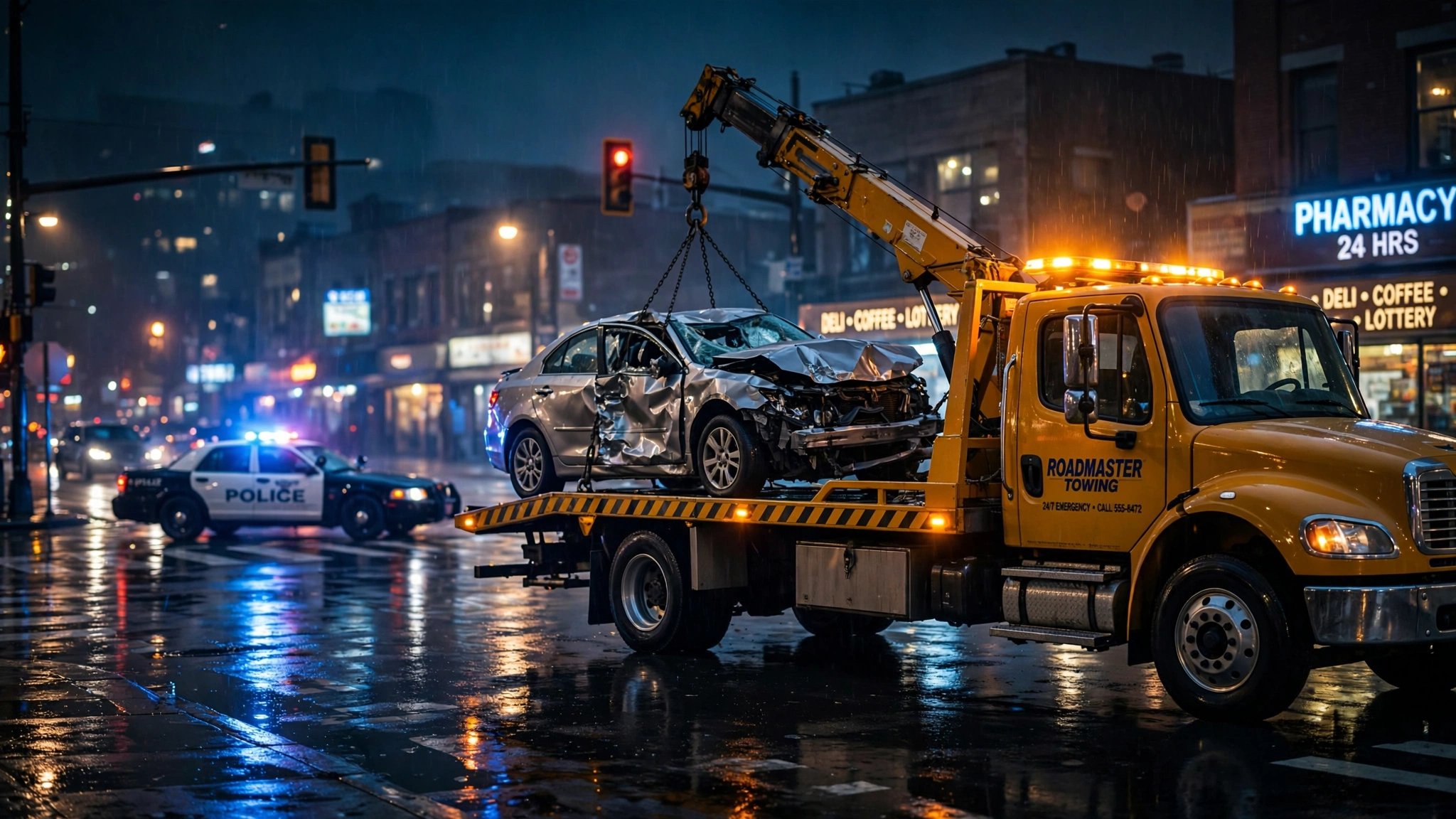 Tow truck working at night at an urban intersection with emergency lights