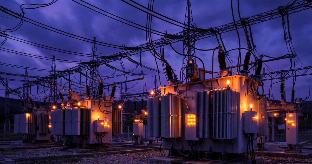Power substation transformers at twilight with glowing indicator lights