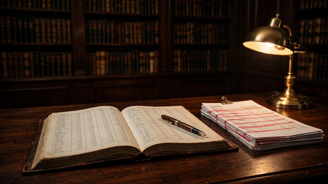 Lawyer's desk with ledger and bank statements in dimly lit office