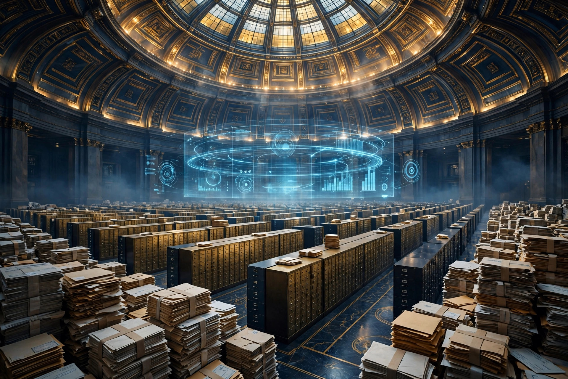 A vast state treasury vault of unclaimed property: towers of uncashed checks, safe deposit boxes, and filing cabinets under a glowing dome, with a digital-asset ledger hologram