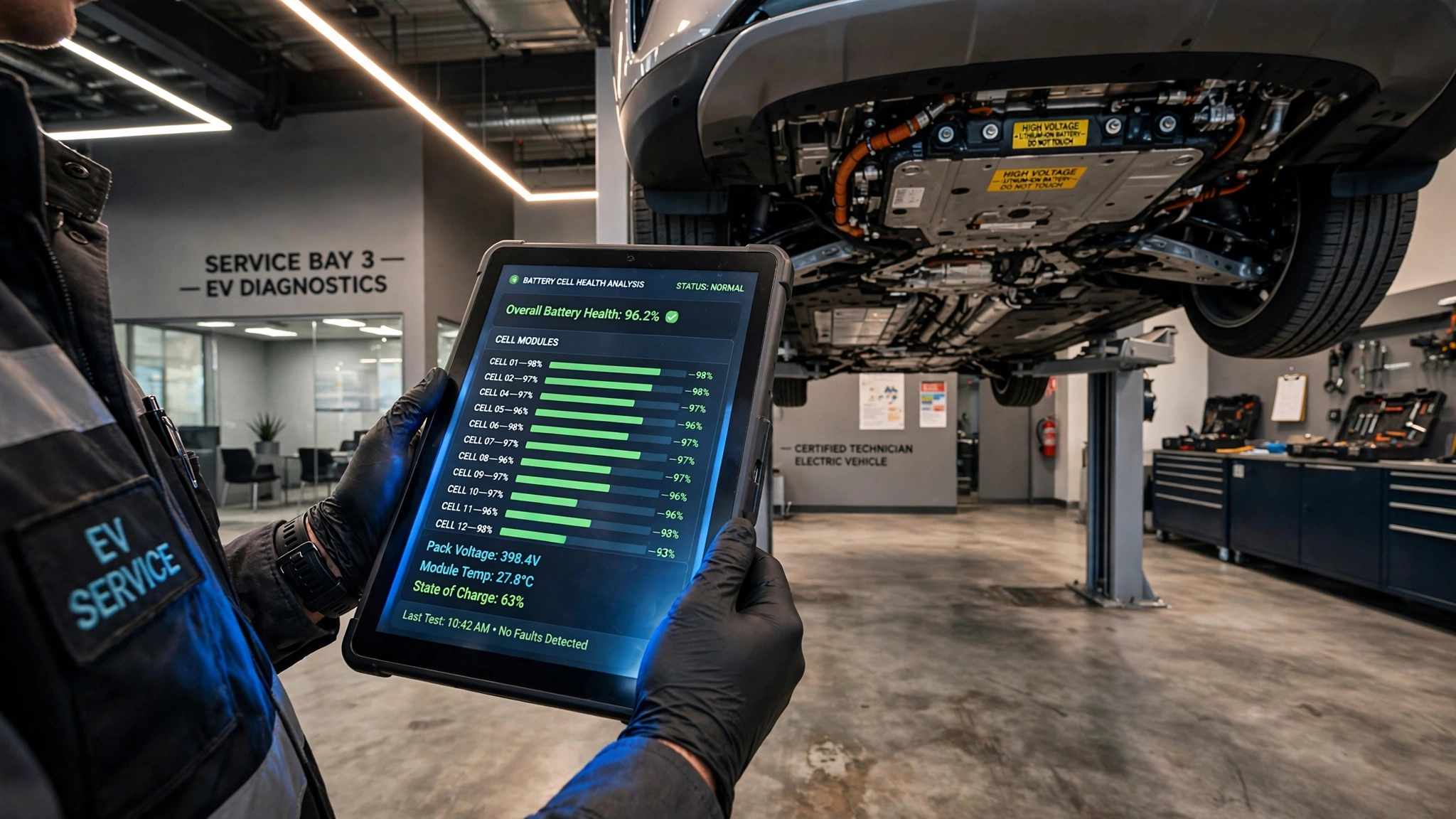 Electric vehicle on dealership service lift with diagnostic tablet showing battery health data