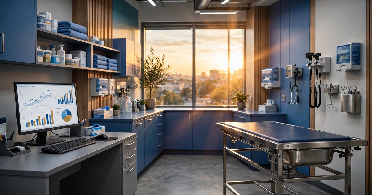 Modern veterinary clinic interior with warm lighting