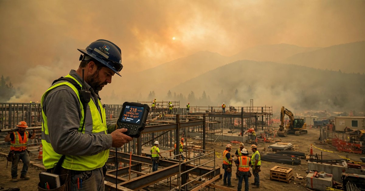 Construction workers on a steel-frame jobsite under thick amber wildfire smoke haze, supervisor checking a handheld air quality monitor