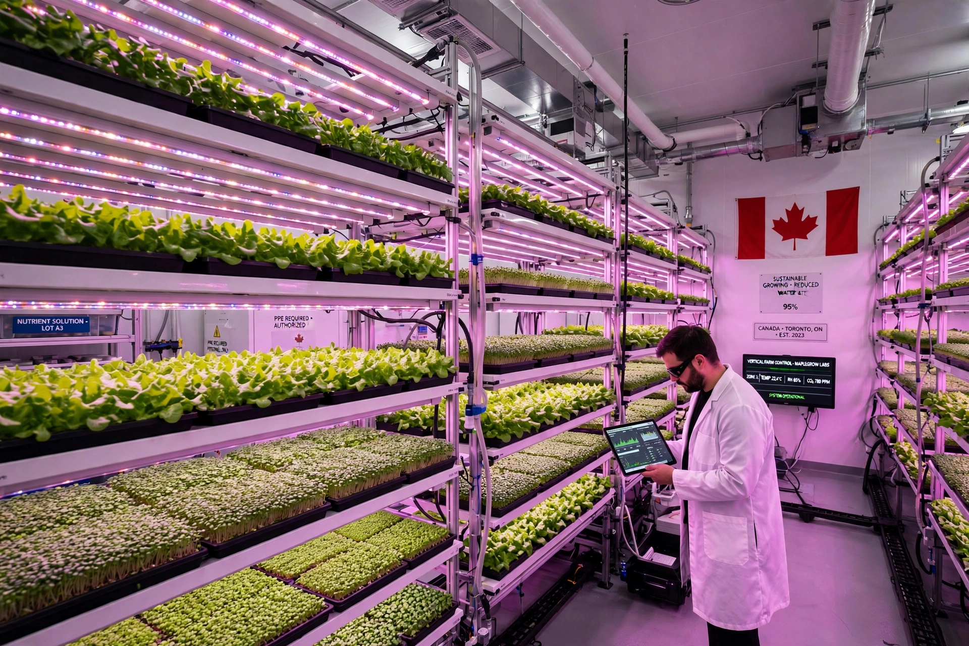 Interior of a modern vertical farm with rows of bright green leafy greens growing under LED lights in a clean Canadian facility