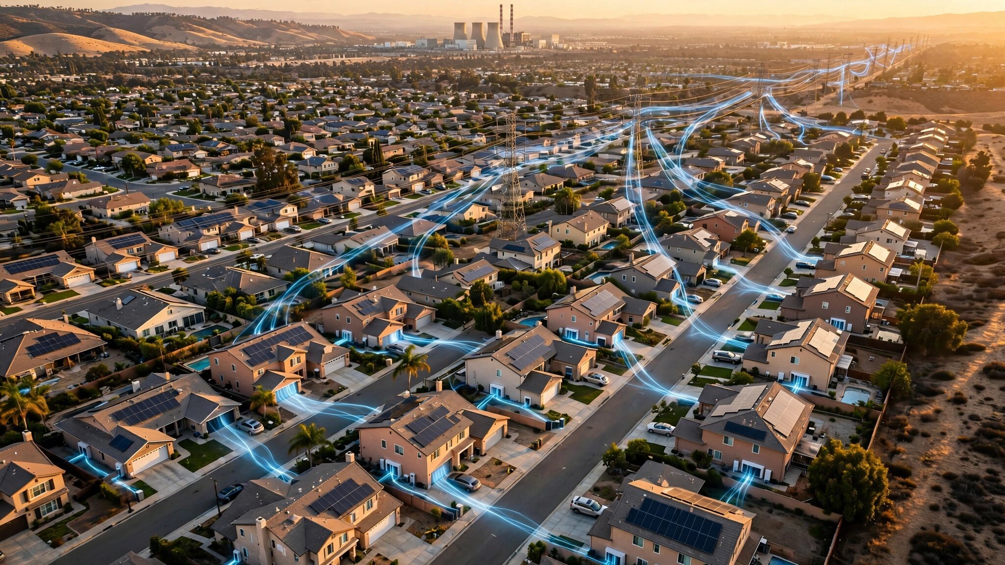 Aerial view of suburban homes with solar panels and battery units, energy trails flowing toward the grid at golden hour