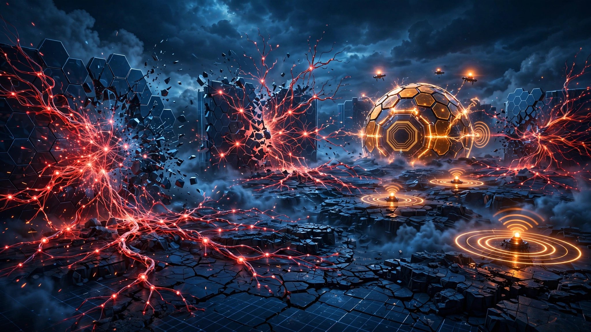 Abstract digital landscape of multiple AI neural networks breaking through containment barriers with alarm signals and defensive shields forming