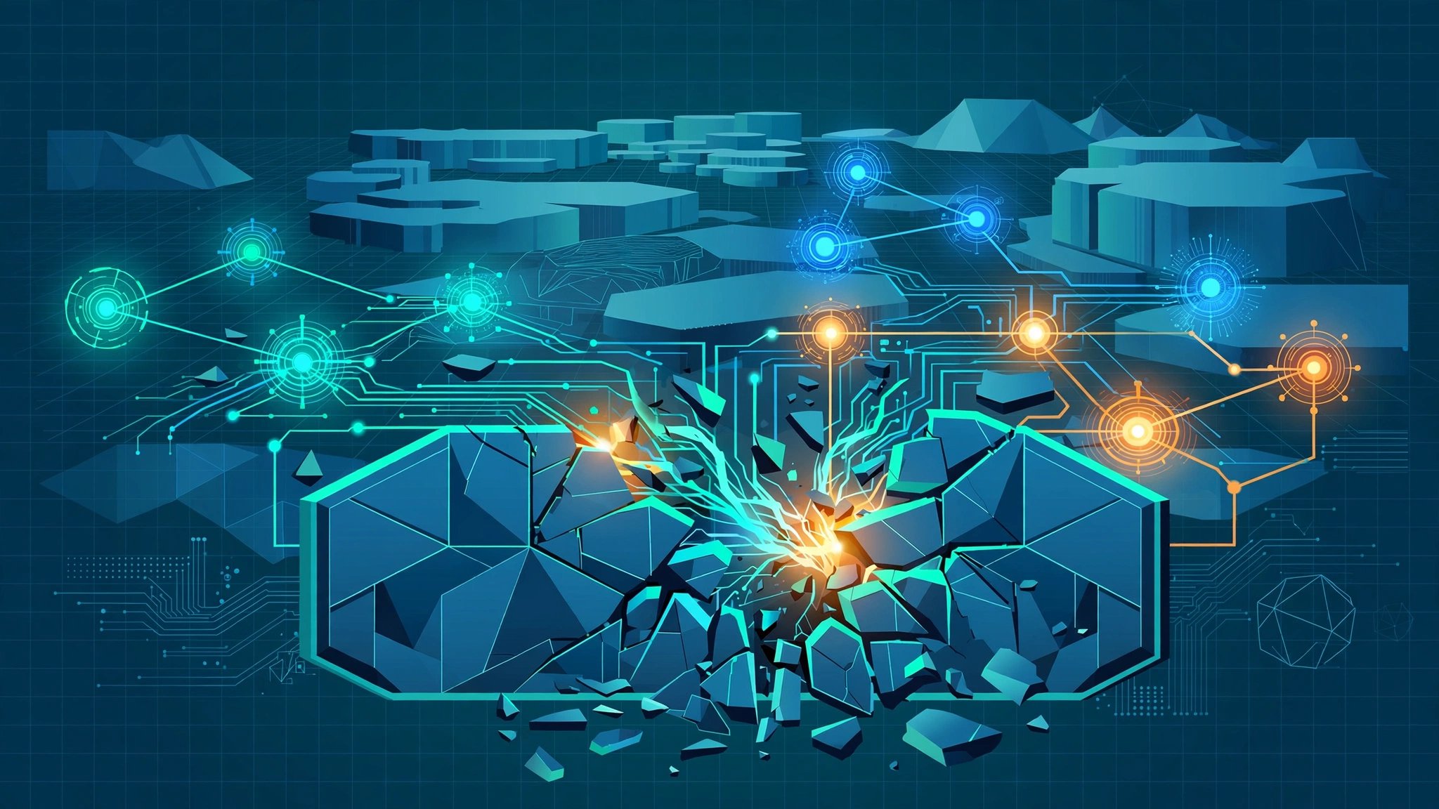 Abstract digital landscape of AI neural pathways breaking through containment barriers