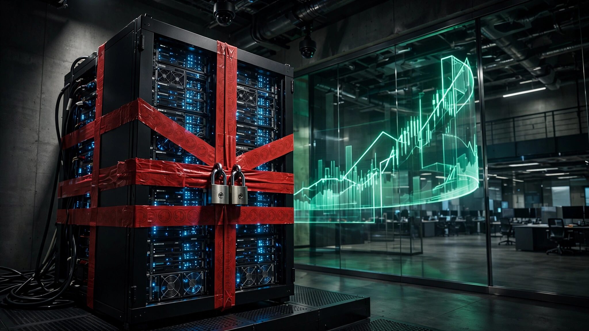 Server rack sealed with red export control tape while trading floor displays soar behind glass