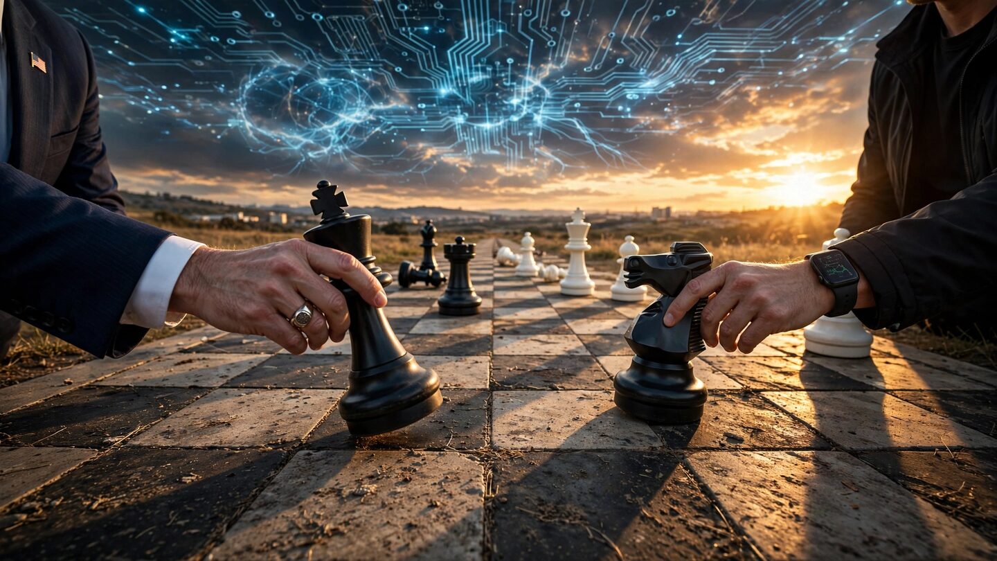Chess pieces being moved by multiple hands against a backdrop of neural network traces