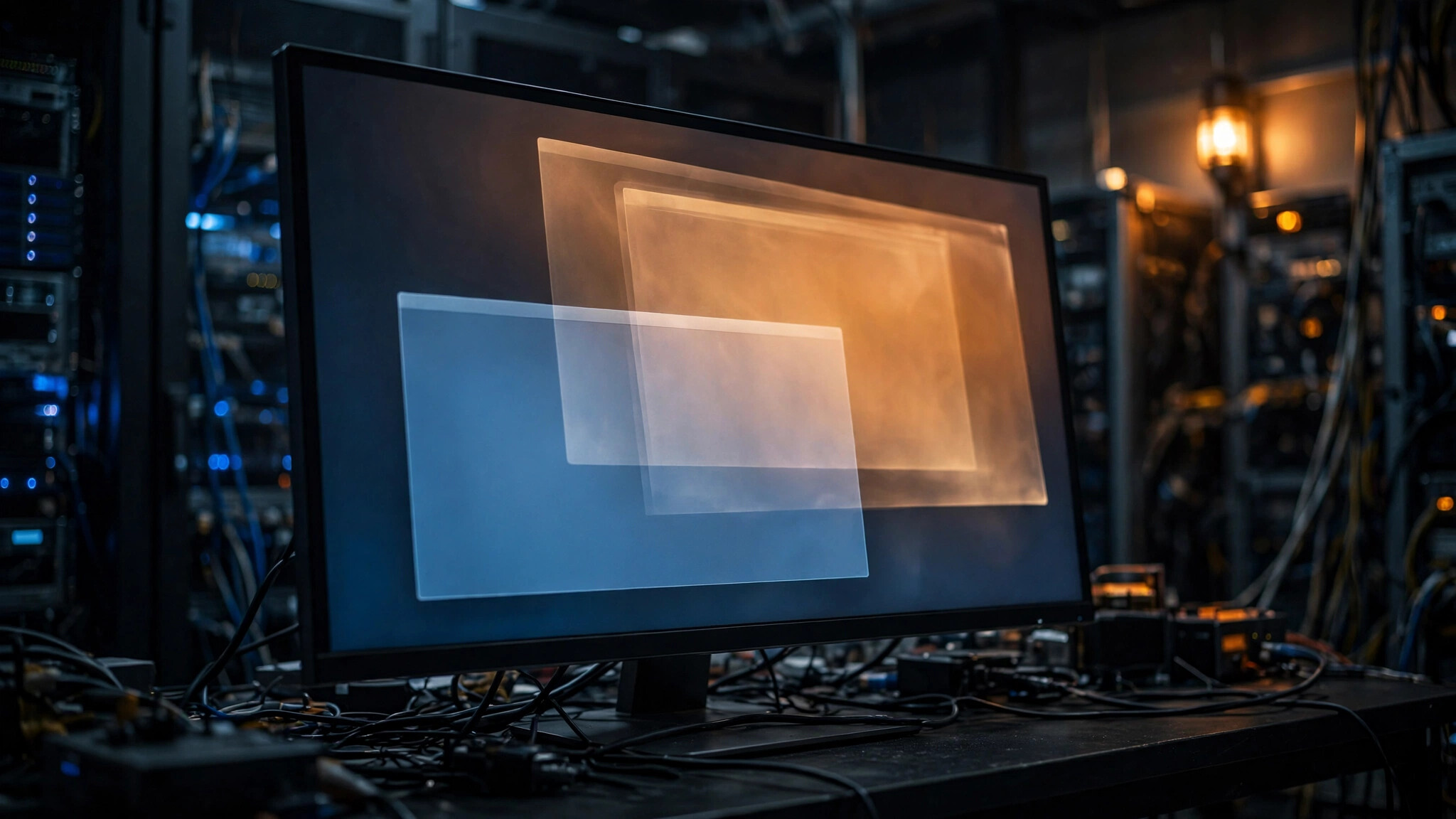 A monitor displaying a frozen desktop screenshot with translucent ghost frames layered behind it, visualizing the state transitions an AI agent cannot see