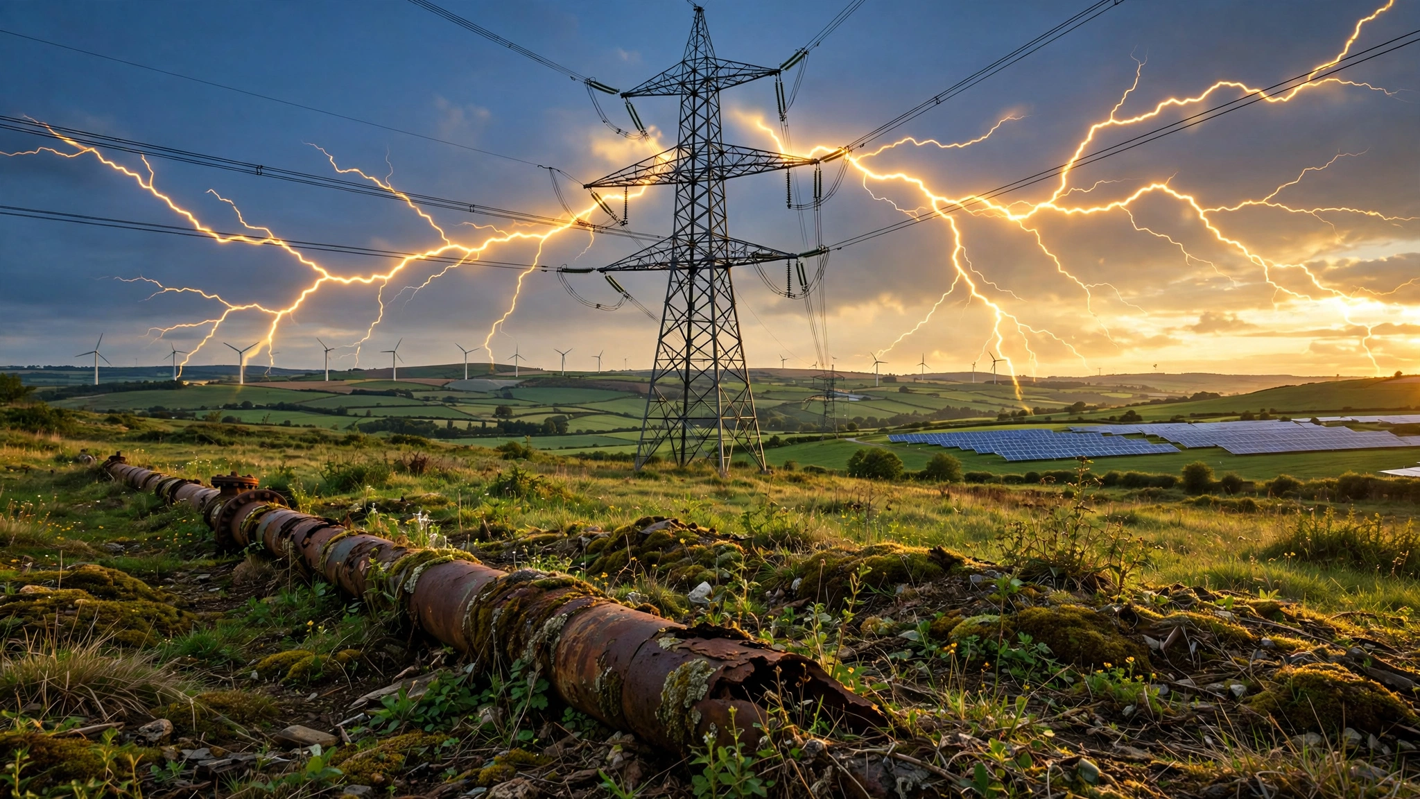 European electrical transmission tower and wind turbines rising over green farmland, with a rusted abandoned gas pipeline in the foreground